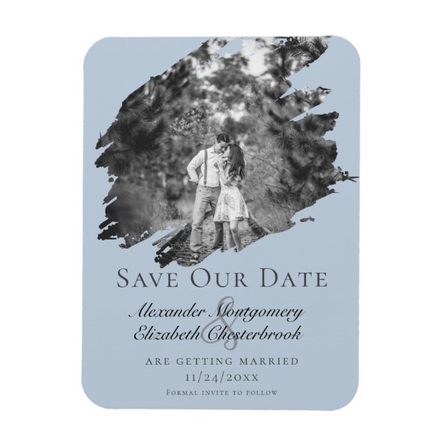 Modern Brushstroke Photo Save the Date Blue Magnet (Vertical)