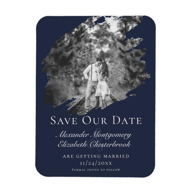 Modern Brushstroke Photo Save the Date Navy Blue Magnet (Vertical)