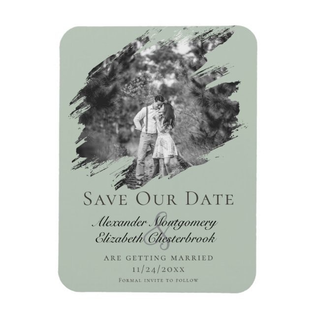 Modern Brushstroke Photo Save the Date Sage Green Magnet (Vertical)