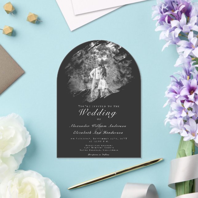 Modern Brushstroke Photo | Soft Black Wedding Acrylic Invitations (Insitu (Wedding))