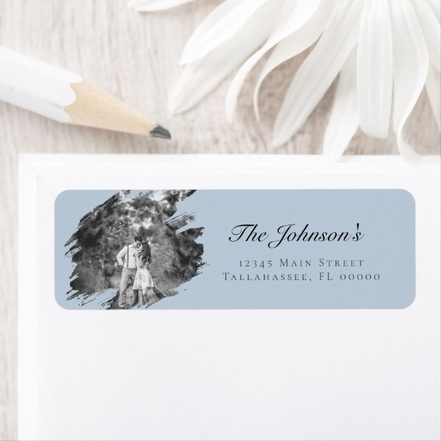 Modern Brushstroke Photo Wedding | Blue Return Address Label (Insitu)