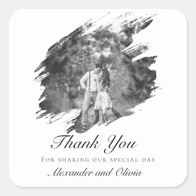 Modern Brushstroke Photo Wedding Favour | White Square Sticker (Front)