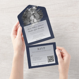 Modern Brushstroke Photo Wedding Navy Blue All In One Invitation