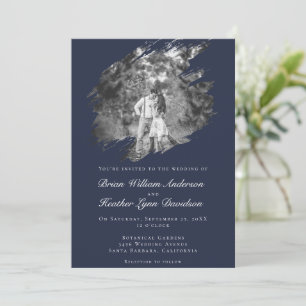 Modern Brushstroke Photo Wedding Navy Blue Invitation