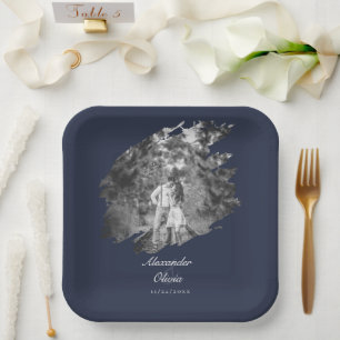 Modern Brushstroke Photo Wedding   Navy Blue Paper Plate