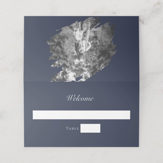 Modern Brushstroke Photo Wedding | Navy Blue Place Card (Outside Unfolded)