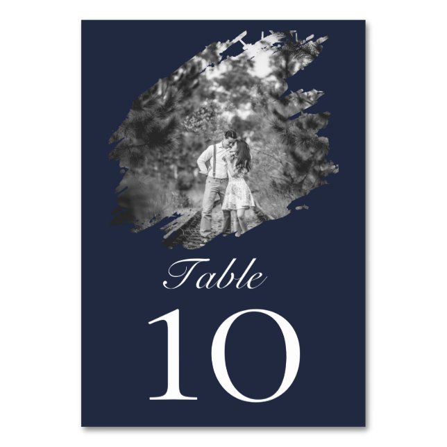 Modern Brushstroke Photo Wedding | Navy Blue Table Number (Front)
