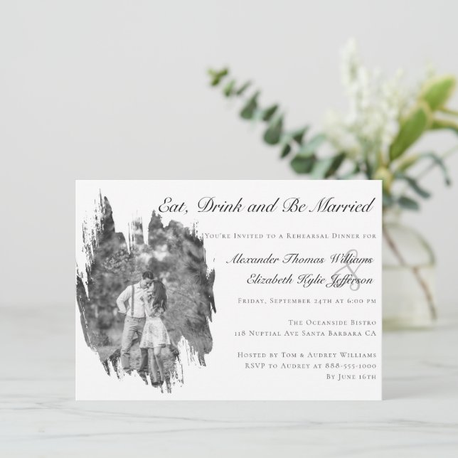 Modern Brushstroke Photo Wedding Rehearsal Dinner Invitation (Standing Front)