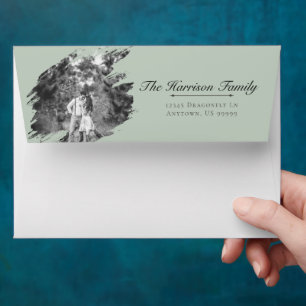 Modern Brushstroke Photo Wedding Sage Green Envelope