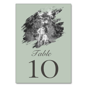 Modern Brushstroke Photo Wedding   Sage Green Table Number