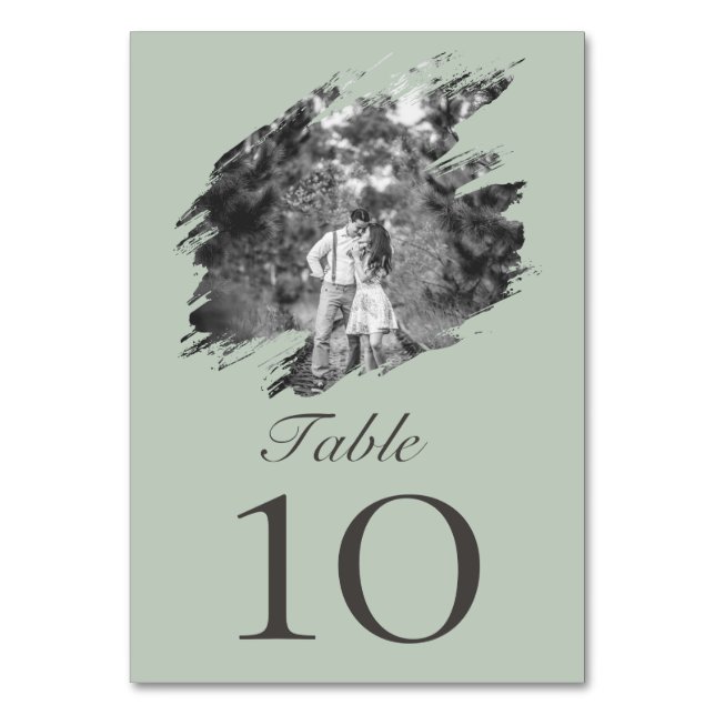 Modern Brushstroke Photo Wedding | Sage Green Table Number (Front)
