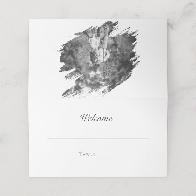 Modern Brushstroke Photo Wedding | White Place Card (Outside Unfolded)