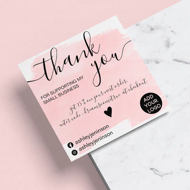 Modern brushstroke watercolor pink order thank you square business card ...