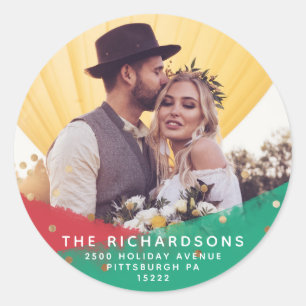 Modern Brushstrokes Christmas Address and Photo Classic Round Sticker