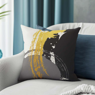 Modern Brushstrokes - Gold, Gray & Black Cushion