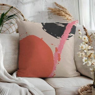 Modern Brushstrokes - Pink, Peach & Black on Beige Cushion