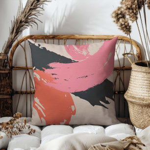Modern Brushstrokes - Pink, Peach & Black on Beige Cushion