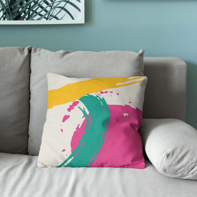Modern Brushstrokes - Pink, Teal & Yellow on Cream Cushion (Creator Uploaded)