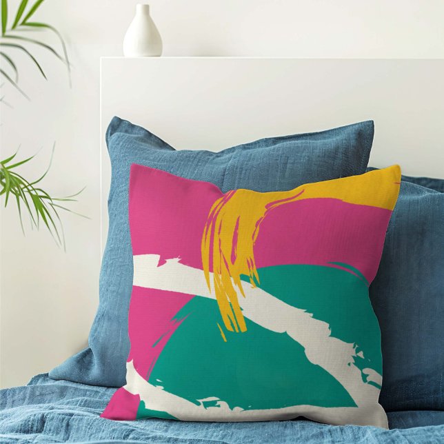 Modern Brushstrokes - Pink, Teal & Yellow on Cream Cushion (Creator Uploaded)