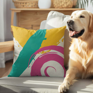 Modern Brushstrokes - Pink, Teal & Yellow on Cream Cushion