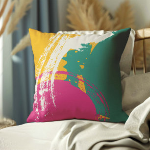 Modern Brushstrokes - Pink, Teal & Yellow on Cream Cushion