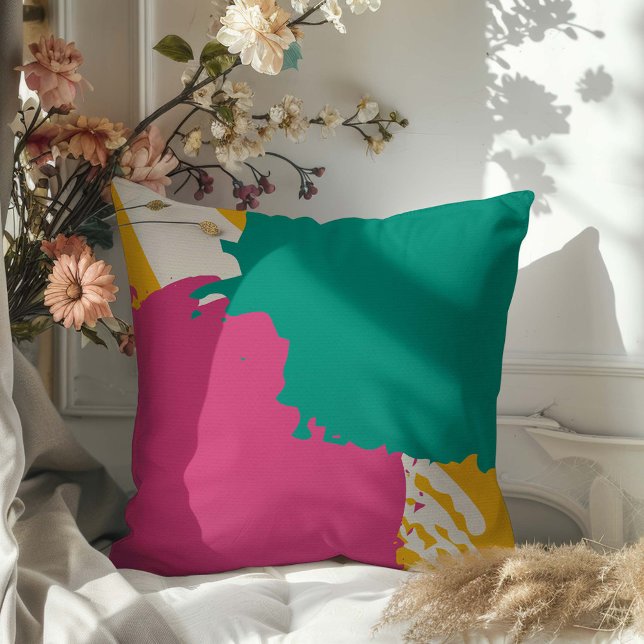 Modern Brushstrokes - Pink, Teal & Yellow on Cream Cushion (Creator Uploaded)