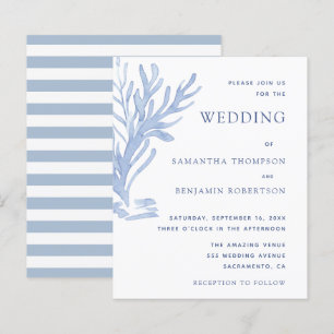 Modern Budget Beach Wedding Invitation Blue White