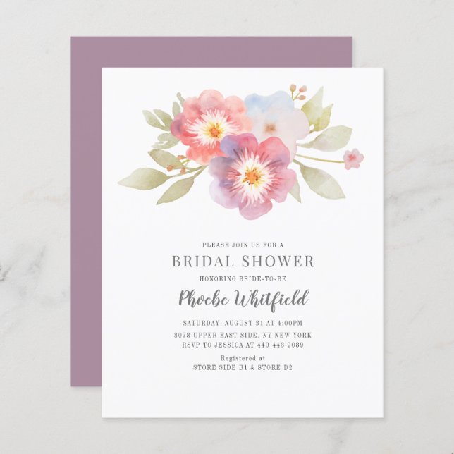 Modern Budget Bridal Shower Pastel Floral Invite (Front/Back)