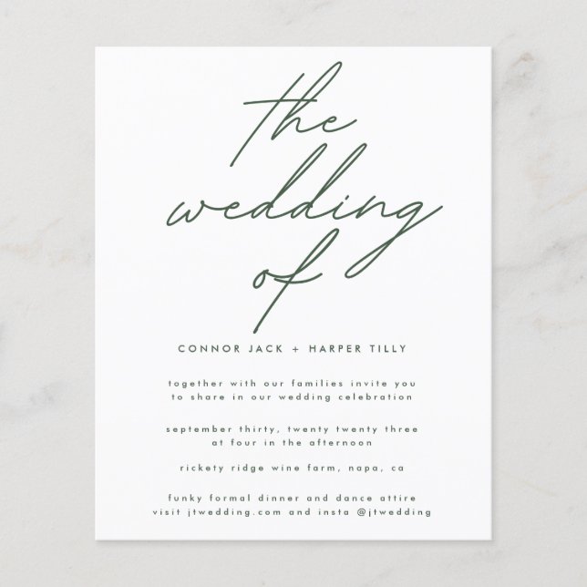 Modern Budget Dark Green White The Wedding Invite Flyer (Front)
