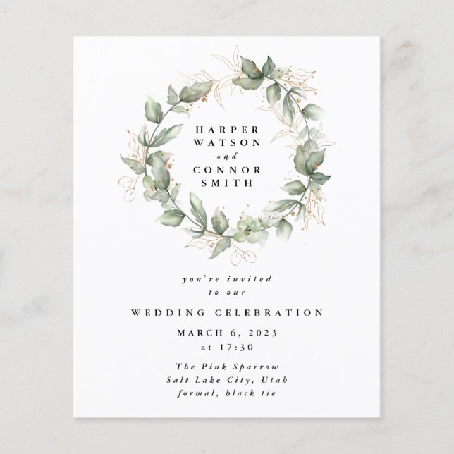 Modern Budget Gold Eucalyptus Wreath Wedding Flyer (Front)