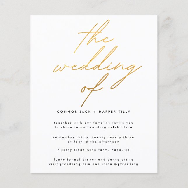 Modern Budget Gold Foil White The Wedding Invite Flyer (Front)