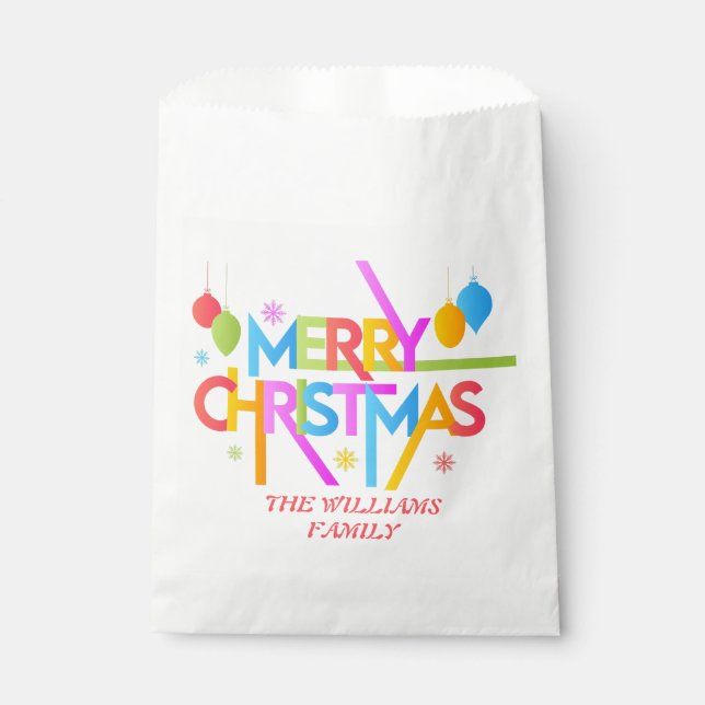 Modern Budget Merry Christmas Holiday Family Name Favour Bag (Front)