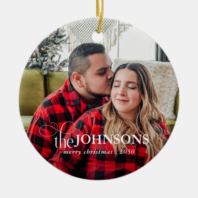 Modern Budget Plaid 1 Photo Script Christmas Ceramic Ornament (Front)