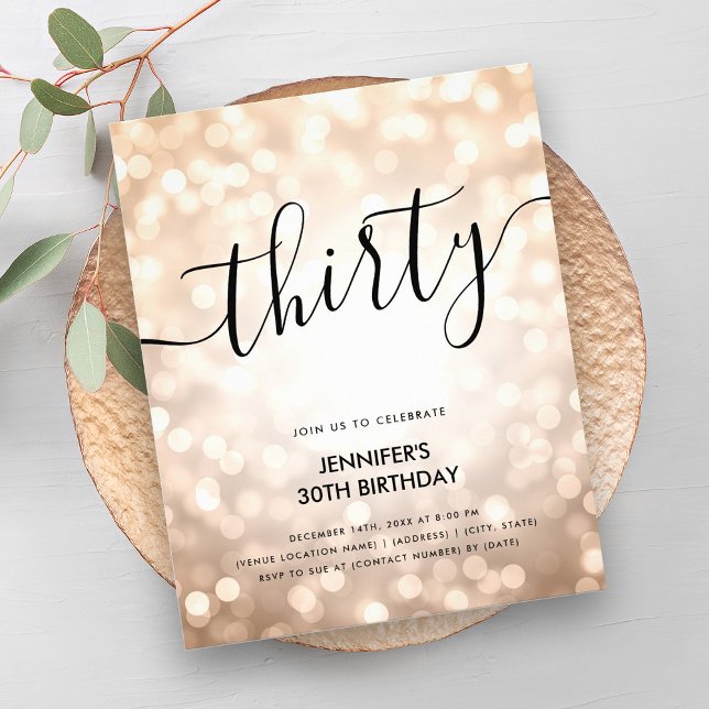 Modern BUDGET Rose Gold Lights 30th Birthday  Flyer (Modern BUDGET Rose Gold Lights 30th Birthday)