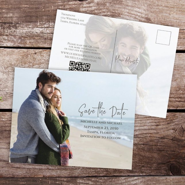 Modern Budget Save the Date Photo Wedding QR Code Announcement Postcard (Creator Uploaded)