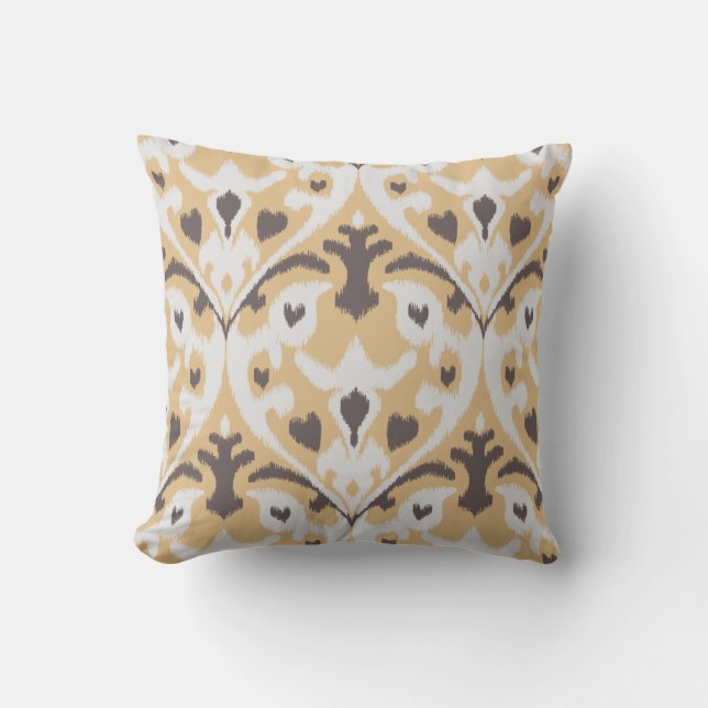 Modern buff beige brown ikat tribal pattern cushion (Front)