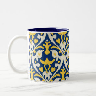 Modern buff yellow blue ikat tribal pattern Two-Tone coffee mug