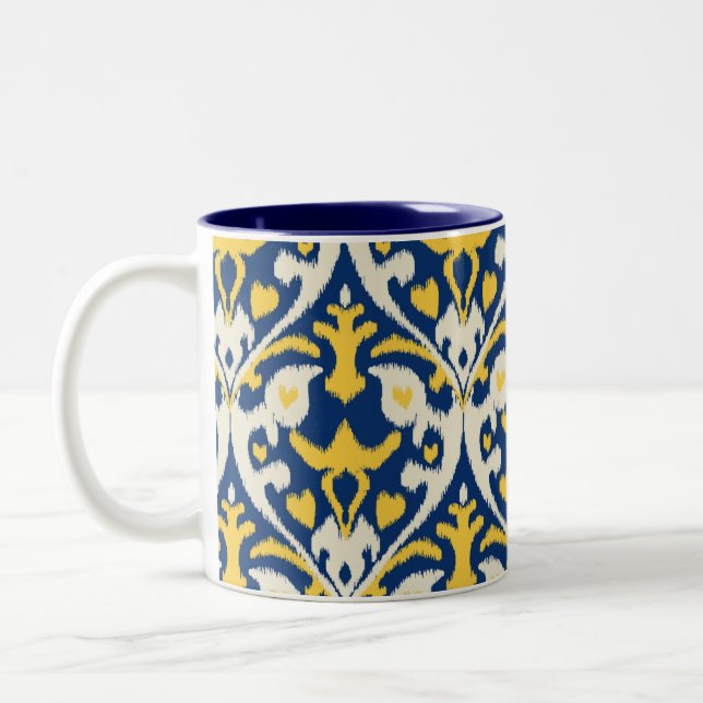 Modern buff yellow blue ikat tribal pattern Two-Tone coffee mug (Left)