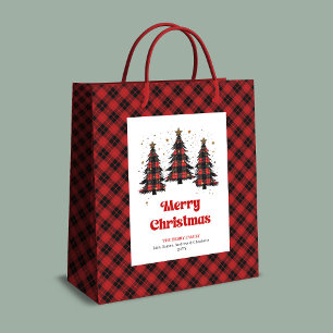 Modern buffalo plaid Christmas tree gift bag name