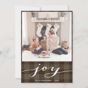 Modern Buffalo Plaid Elegant Script JOY Simple Holiday Card