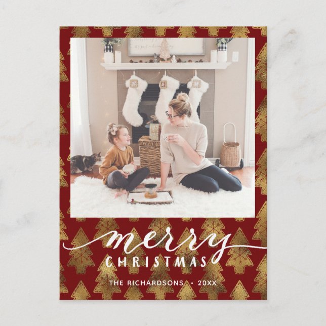 Modern Buffalo Plaid Elegant Script MERRY Simple H Postcard (Front)
