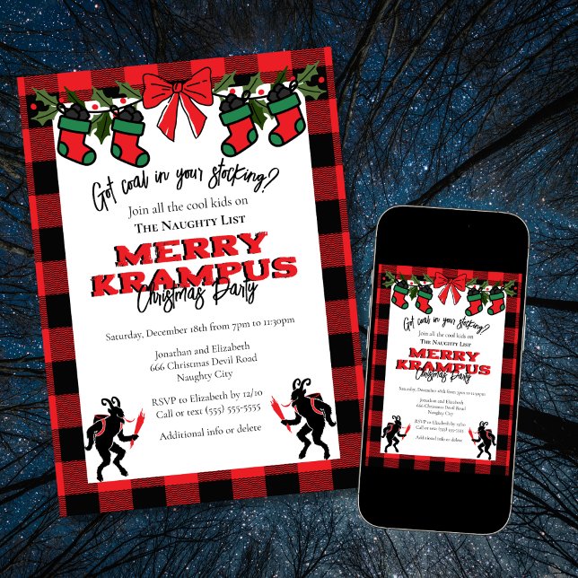 Modern Buffalo Plaid Merry Krampus Christmas Party Invitation (Creator Uploaded)
