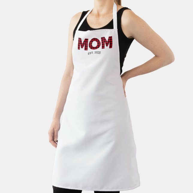 Modern Buffalo Plaid Mum Established Date Apron (Insitu)