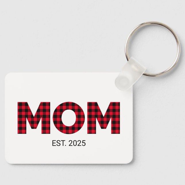 Modern Buffalo Plaid Mum Established Date Photo Key Ring (Front)