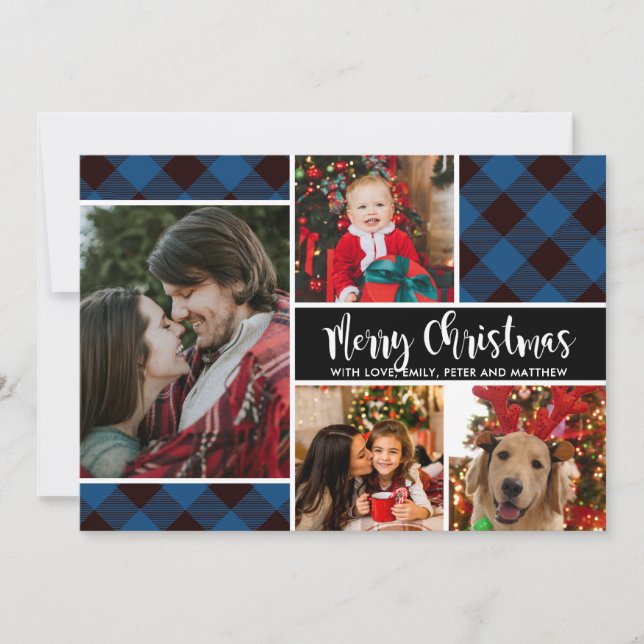 Modern Buffalo Plaid Photo Collage Christmas Card (Front)