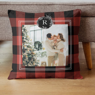 Modern Buffalo Red Plaid Family Photo Initial Cushion