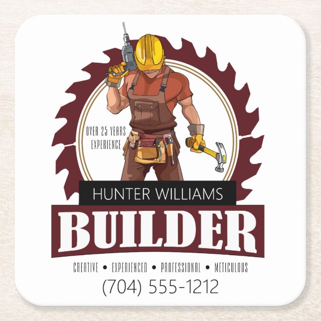 Modern Builder Handyman Construction Professional Square Paper Coaster (Front)