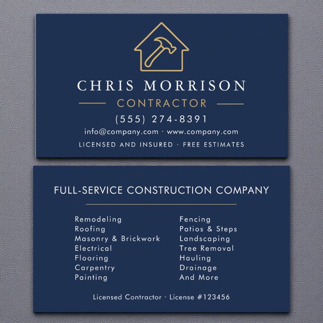 Modern Building Construction Navy Blue Gold  Business Card (Creator Uploaded)