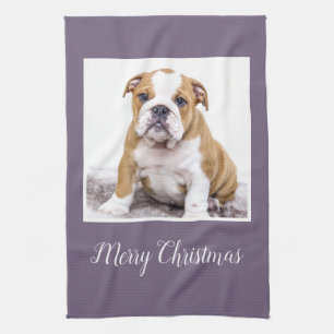 Modern Bulldog Dog Merry Christmas Holiday Photo K Tea Towel