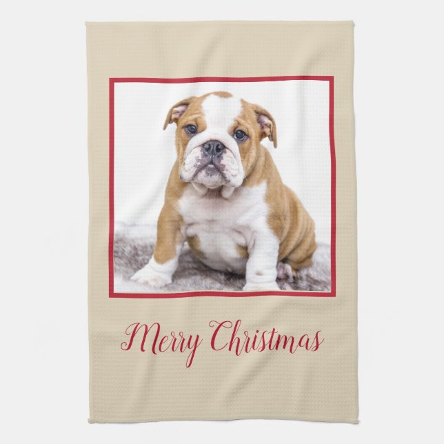 Modern Bulldog Dog Merry Christmas Holiday Photo Tea Towel (Vertical)